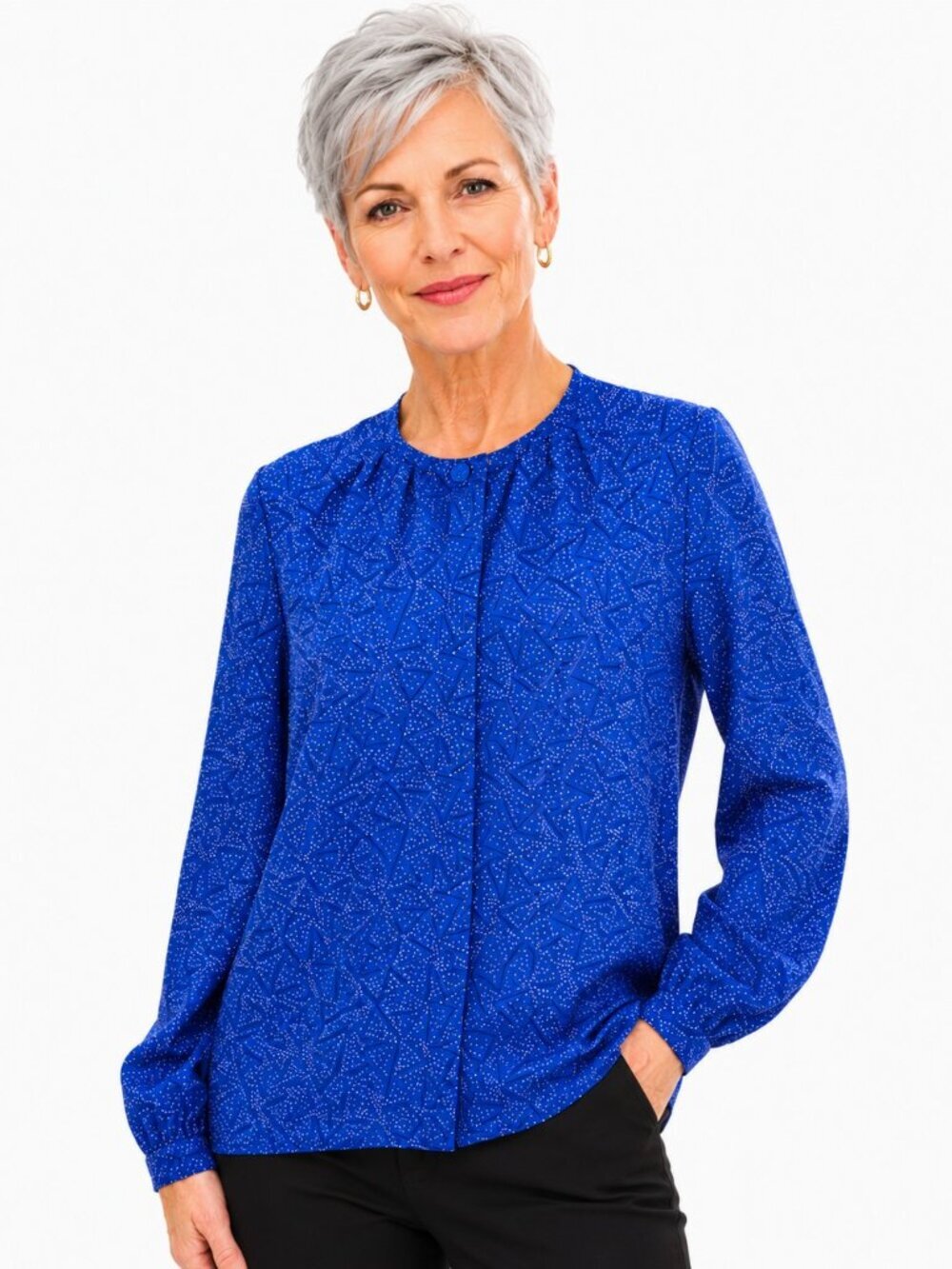 Vintage Oscar de la Renta Blue Polka Dot Long Sleeve Blouse